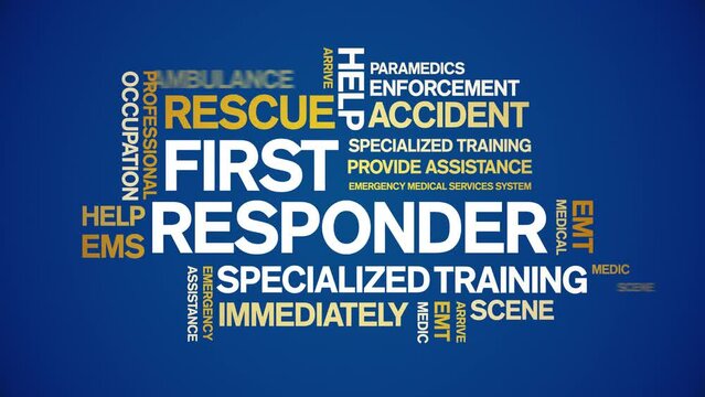 First Responder animated tag word cloud;text design animation kinetic typography seamless loop.