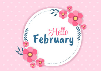 Hello February Month with Flowers, Hearts, Leaves and Cute Lettering for Decoration Background in Flat Cartoon Hand Drawn Templates Illustration