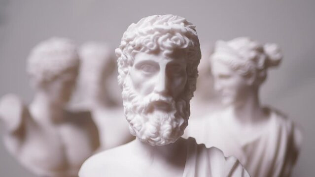 Statues of Greek Gods Zues, Apollo, Aphrodite, Hermes, Artemis - Rack Focus from Background to Zeus