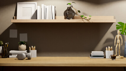 Modern minimal worktable or study table with decor and copy space against the grey wall.