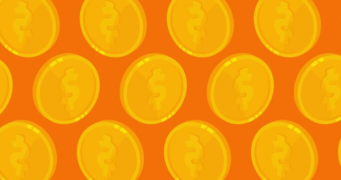 Gold Coins dancing on orange background. Golden metal coin cash, money pattern.