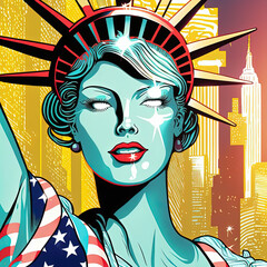 Graphic Comic Style Retro Patriotic American Statue of Liberty Cartoon Illustration - obrazy, fototapety, plakaty