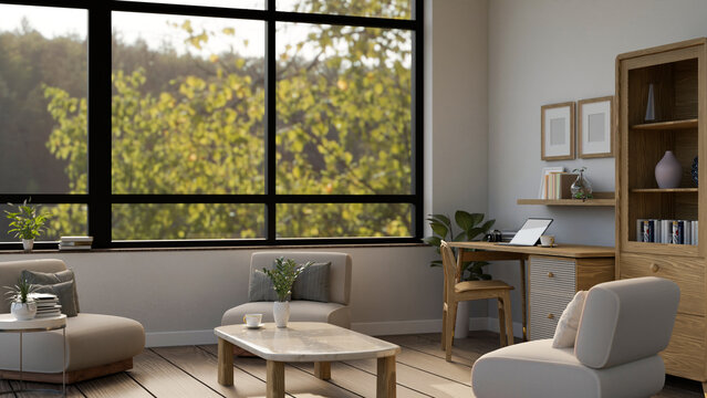 Comfortable And Minimalist Living Room With Comfy Couch, Wood Working Table, Chair, Cabinet