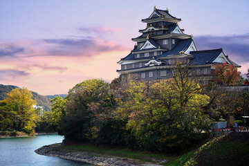 Okayama castle and twilight sky in the Autumn season of  Okayama city, Japan.