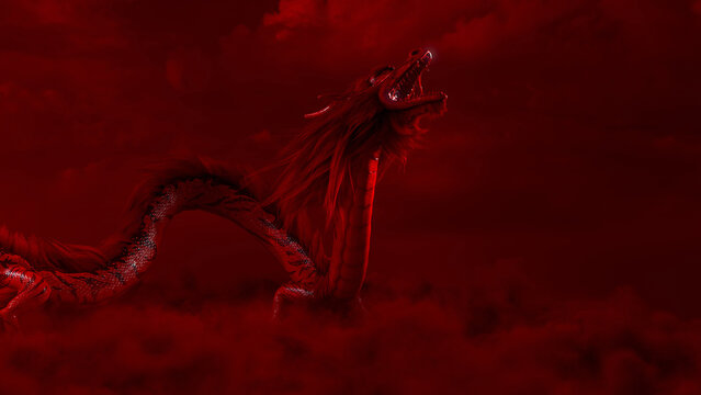 Roaring Chinese Dragon against a Red Cloudy Sky. New Year Concept with copy-space.
