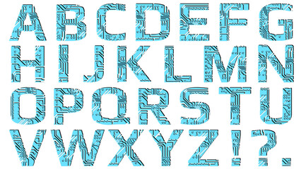 Set of latin alphabet in digital style perforated with PCB circuit board tracks isolated on white background. Colored capital letters for modern digital world. Design element.