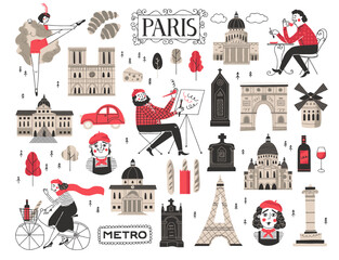 Parisian aesthetic collection with famous sights. French culture and architecture concept. Hand drawn Paris symbols set vector illustration - obrazy, fototapety, plakaty