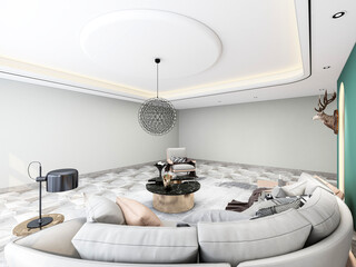 3D rendering, wooden Nordic style living room design