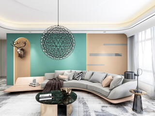 3D rendering, wooden Nordic style living room design