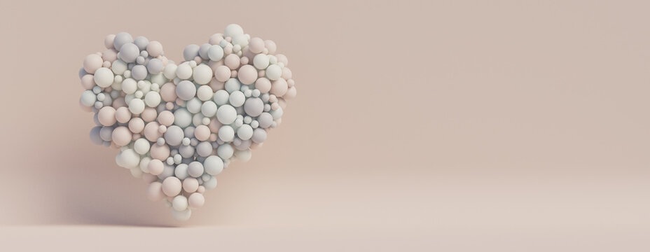 Pastel Coloured Balloon Love Heart. Pink, White and Blue Balloons arranged in a heart shape. 3D Render with copy-space. 