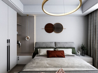 3D rendering, clean and tidy Nordic style bedroom design