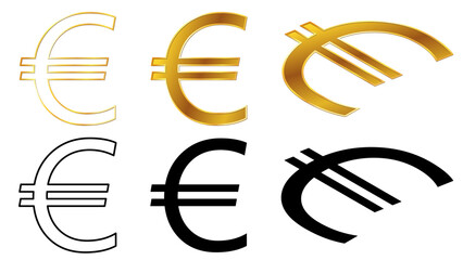 Obraz premium European Union Euro EUR currency golden signs, silhouette and outline isometric top and front view isolated on white background. Currency by the European Central Bank. Clipart.