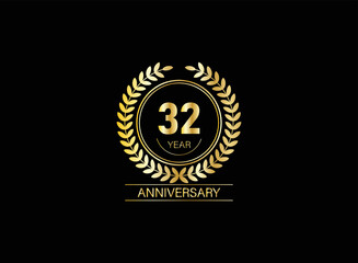 Fototapeta premium 32 year anniversary celebration. Anniversary logo with ring and elegance golden color isolated on black background, vector design for celebration.