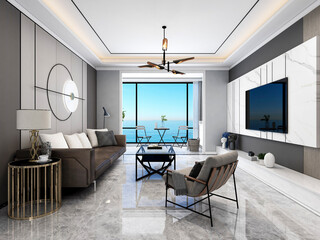 Fototapeta premium 3D rendering, modern living room design