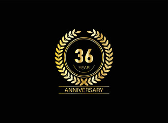 36 year anniversary celebration. Anniversary logo with ring and elegance golden color isolated on black background, vector design for celebration.