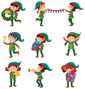 Christmas elves cartoon characters set