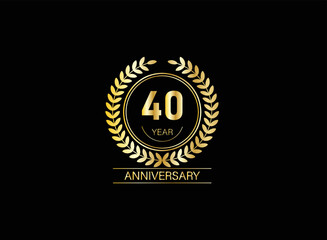 40 year anniversary celebration. Anniversary logo with ring and elegance golden color isolated on black background, vector design for celebration.