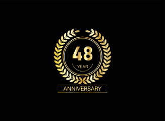 48 year anniversary celebration. Anniversary logo with ring and elegance golden color isolated on black background, vector design for celebration.