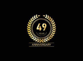 Naklejka premium 49 year anniversary celebration. Anniversary logo with ring and elegance golden color isolated on black background, vector design for celebration.