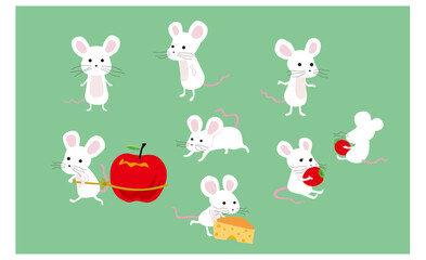 かわいい白ネズミのポーズ集のイラスト