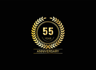 55 year anniversary celebration. Anniversary logo with ring and elegance golden color isolated on black background, vector design for celebration.