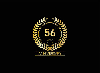 56 year anniversary celebration. Anniversary logo with ring and elegance golden color isolated on black background, vector design for celebration.