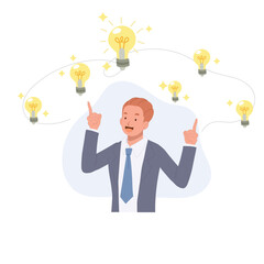 Got a lot of idea concept. Light bulbs float around man. Flat vector cartoon character illustration.