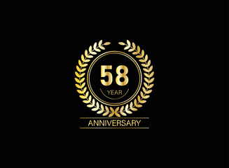 58 year anniversary celebration. Anniversary logo with ring and elegance golden color isolated on black background, vector design for celebration.