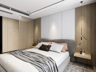 3D rendering, clean and tidy Nordic style bedroom design