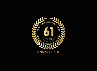 61 year anniversary celebration. Anniversary logo with ring and elegance golden color isolated on black background, vector design for celebration.
