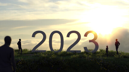2023 concept Text word on mountain view background copy space. sign in celebration of the new year 2023. 3D Rendering