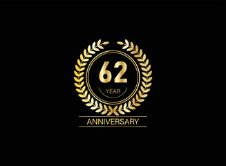62 year anniversary celebration. Anniversary logo with ring and elegance golden color isolated on black background, vector design for celebration.