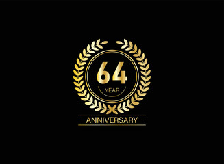 Fototapeta premium 64 year anniversary celebration. Anniversary logo with ring and elegance golden color isolated on black background, vector design for celebration.