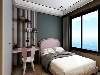 3D rendering, clean and tidy Nordic style bedroom design