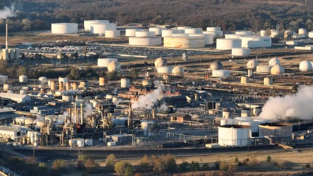 Energy and oil gas industry in USA. Aerial view in Tulsa Oklahoma of refinery and fuel storage tanks.