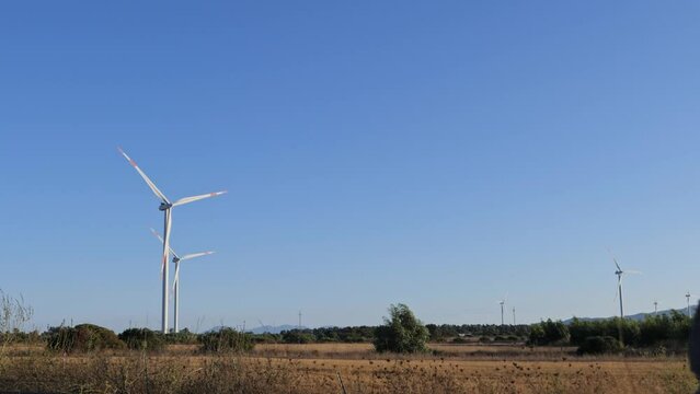 Wind turbine farm in Sardinia, Italy. Ground shot. 