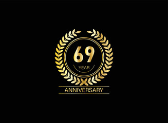 69 year anniversary celebration. Anniversary logo with ring and elegance golden color isolated on black background, vector design for celebration.