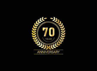70 year anniversary celebration. Anniversary logo with ring and elegance golden color isolated on black background, vector design for celebration.