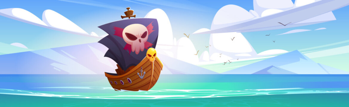 Pirate ship with black sails with skull in sea. Ocean landscape with wooden corsair boat, mountains on horizon and flying birds. Seascape with pirate sailboat, vector cartoon illustration