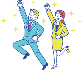 笑顔でジャンプするビジネスマンの男女　全身