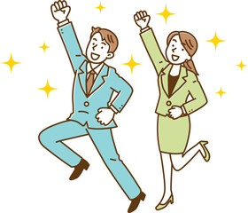 笑顔でジャンプするビジネスマンの男女　全身