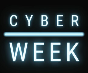 Cyber week neon text web banner, glowing light blue on dark background
