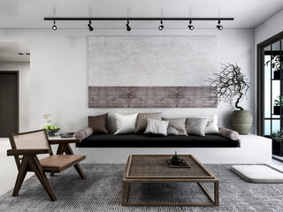 3D rendering, wooden Nordic style living room design