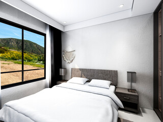 3D rendering, clean and tidy Nordic style bedroom design