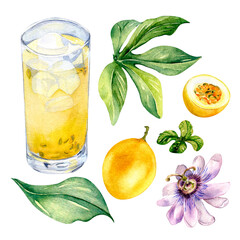 Fototapeta na wymiar Set of passion fruits. leaves and smoothies watercolor illustration isolated on white.
