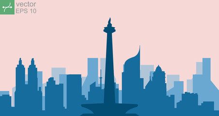 Monas silhouette and cityscape from jakarta indonesia. Panorama view of Jakarta City, NKRI skyline with world famous landmarks in flat design style vector illustration. EPS 10.