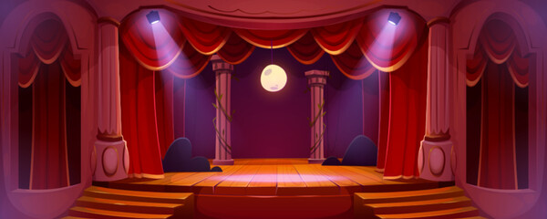 Theater stage with red curtains, spotlights and moon. Theatre interior with empty wooden scene, stairs, velvet drapes and decoration, music hall, opera, drama cartoon background, Vector illustration