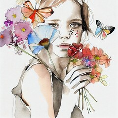 Cute watercolor woman bouquet of flowers and butterflies in a Pablo Picasso style - 549902538