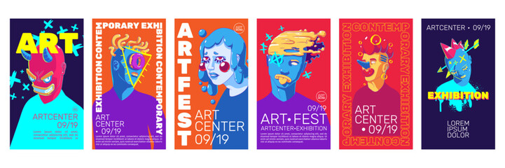 Art exhibition flyers with contemporary portraits, abstract faces modern illustration. Vector templates design for art center or festival event. Cartoon creative graphics with surreal characters, set