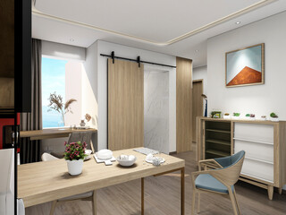 3D rendering, Nordic wooden style restaurant design